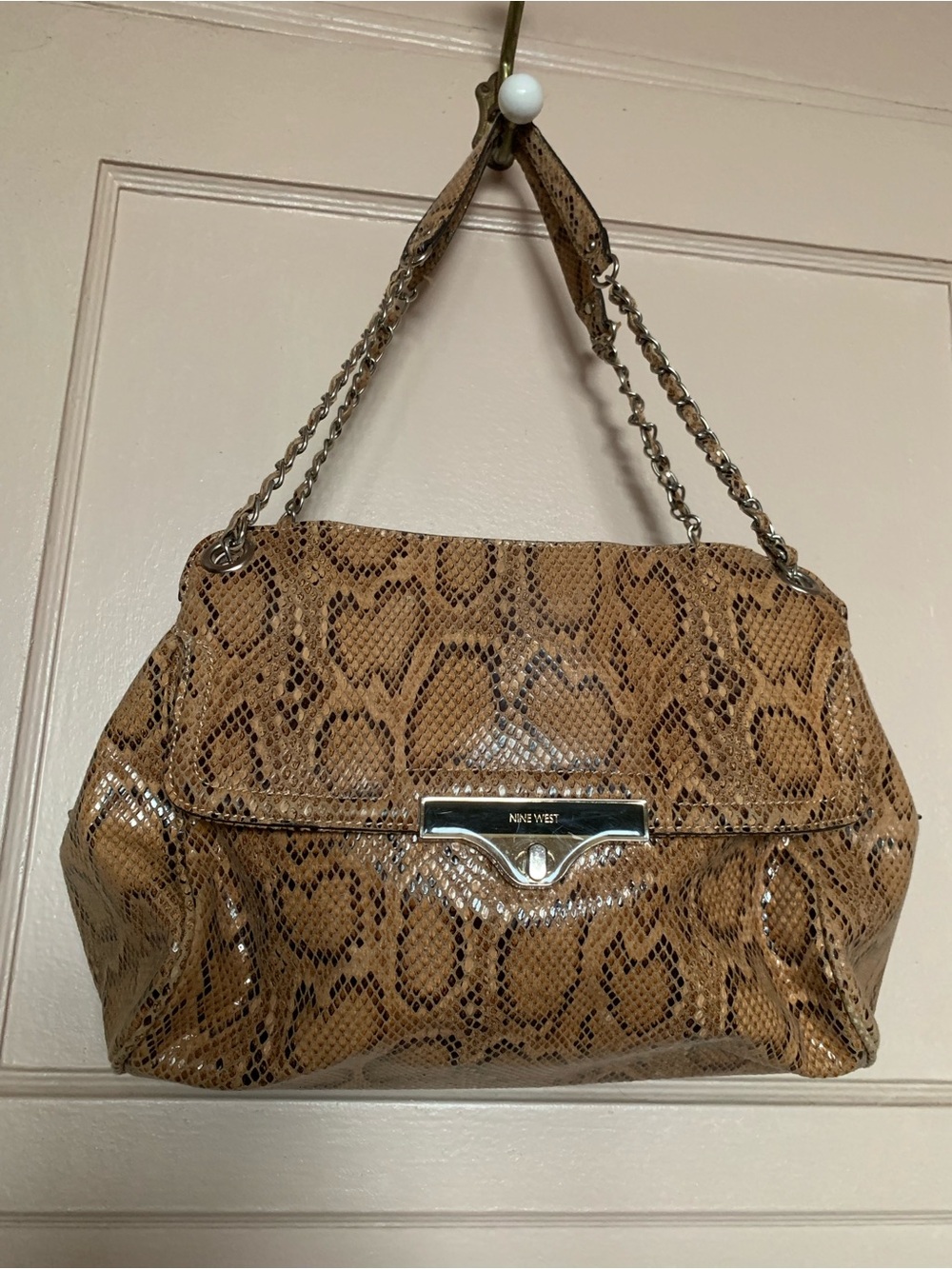 Nine West Brown Snake-Print Chain Shoulder Bag